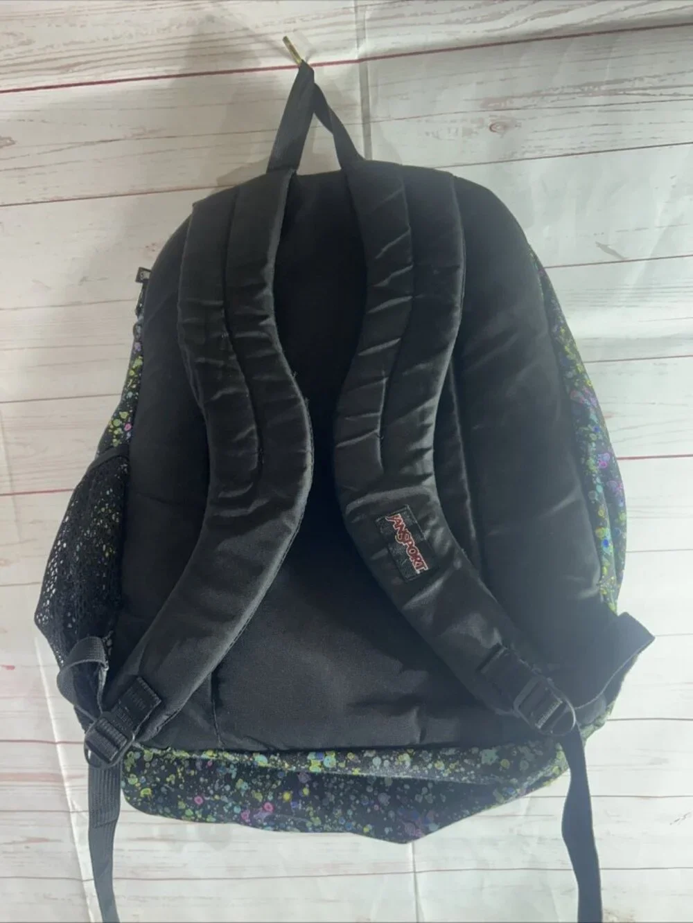 JANSPORT BACKPACK Black with BUBBLE COLORS 5 ZIPPER POUCHES 17” With mesh